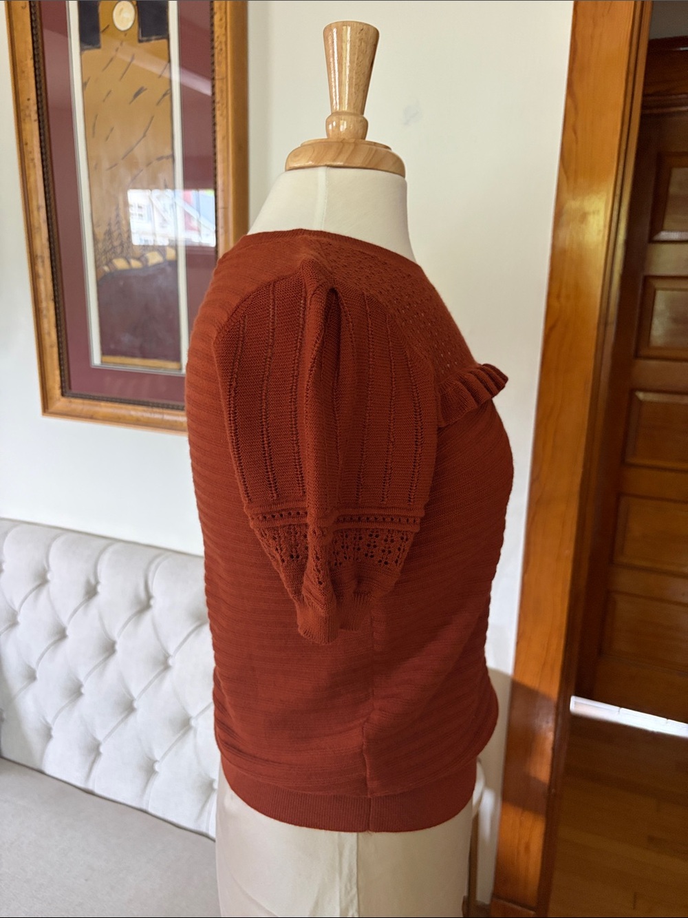 LOFT Rust Short-Sleeve Lightweight Ruffle Sweater - Picture 2 of 7